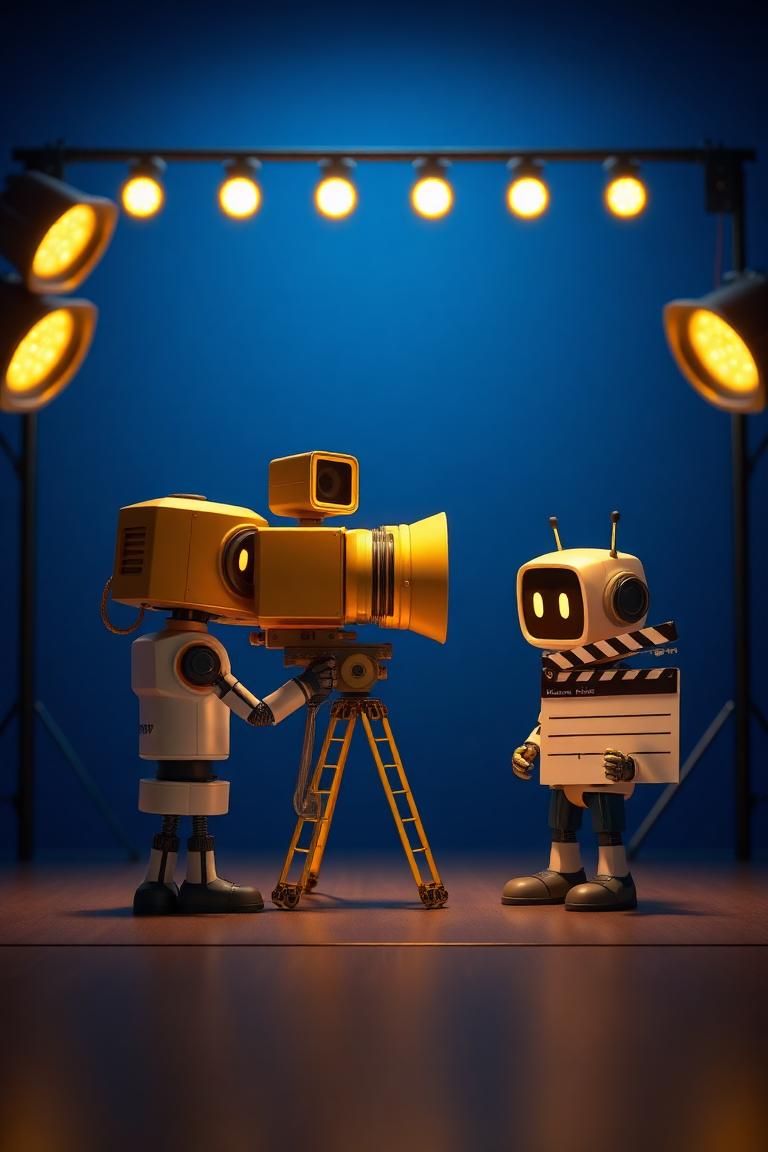 Trường quay thu nhỏ với ê-kíp robot AI, máy quay vàng và bảng clapper