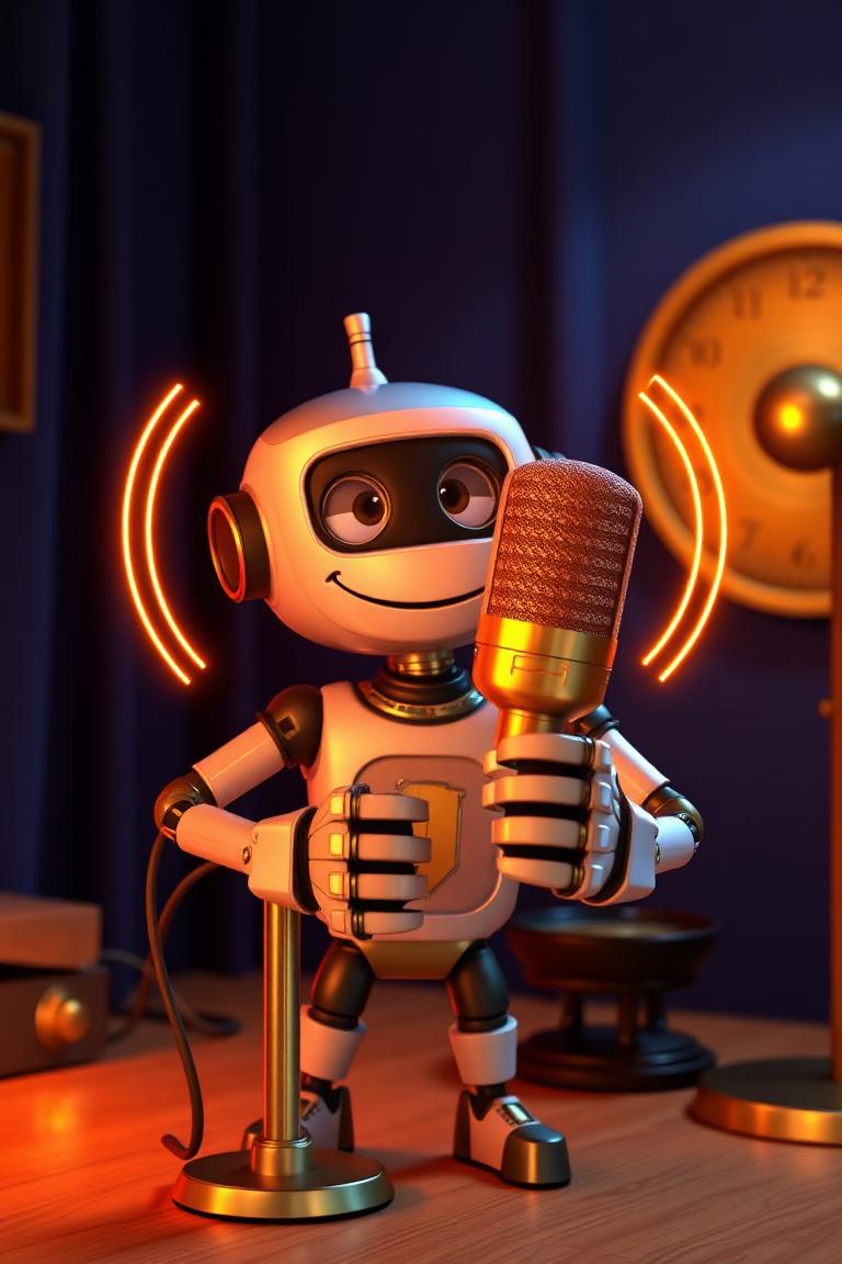 Robot AI cầm micro vàng thu giọng đọc lồng tiếng trong phòng thu